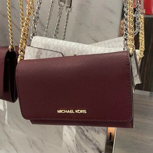 Michael Kors Jet Set Travel Medium Saffiano Leather Multifunctional Phone  Crossbody Wallet Handbag (Merlot)